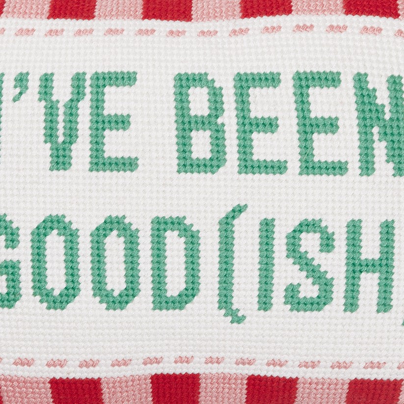 Been Good (Ish) Embroidered Needlepoint Christmas Throw Pillow, close-up detail