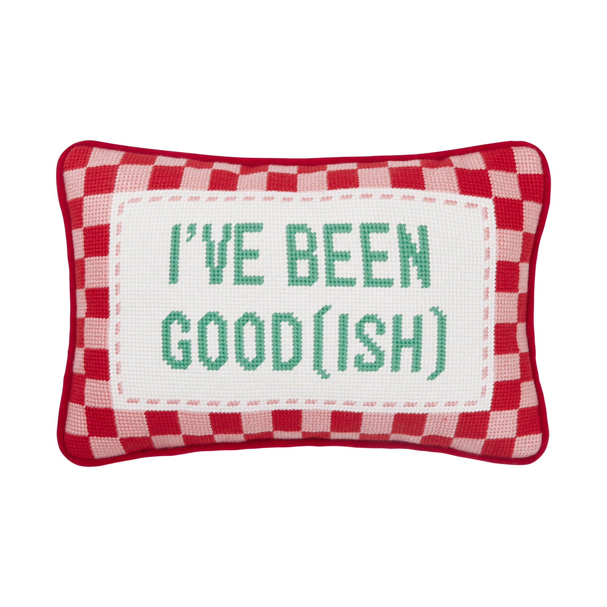 Been Good (Ish) Embroidered Needlepoint Christmas Throw Pillow, 8x12 inch, front view