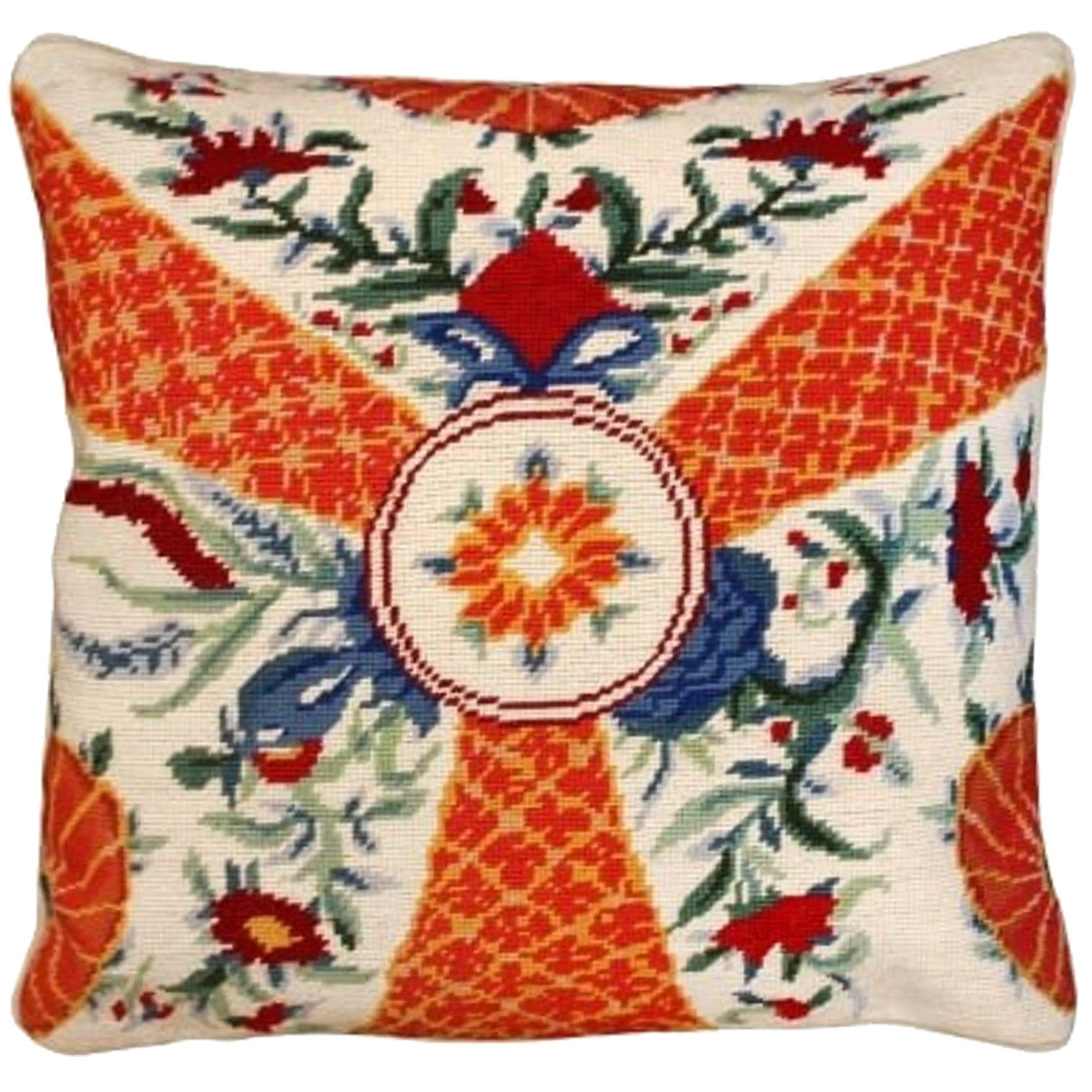 Beige Chic Imari Flowers Colonial needlepoint throw pillow with botanical floral design