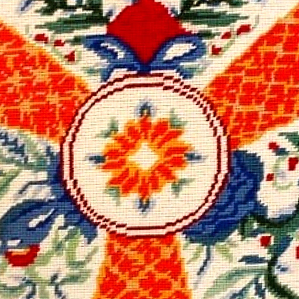 Closeup of Beige Chic Imari Flowers Colonial Wool needlepoint throw pillow highlighting hand-stitched wool craftsmanship and fabric detail