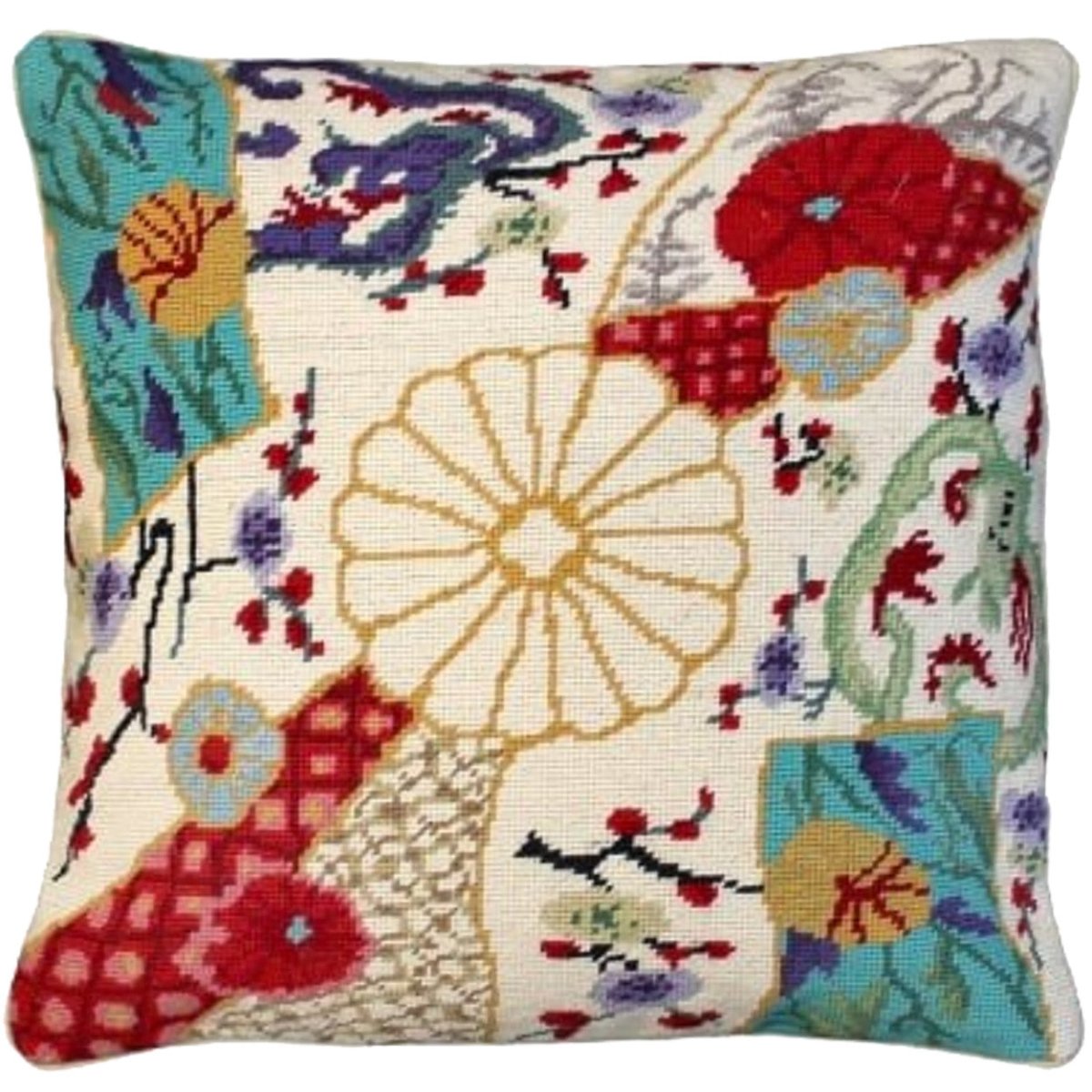 Beige Chic Imari Flowers needlepoint throw pillow with botanical floral design
