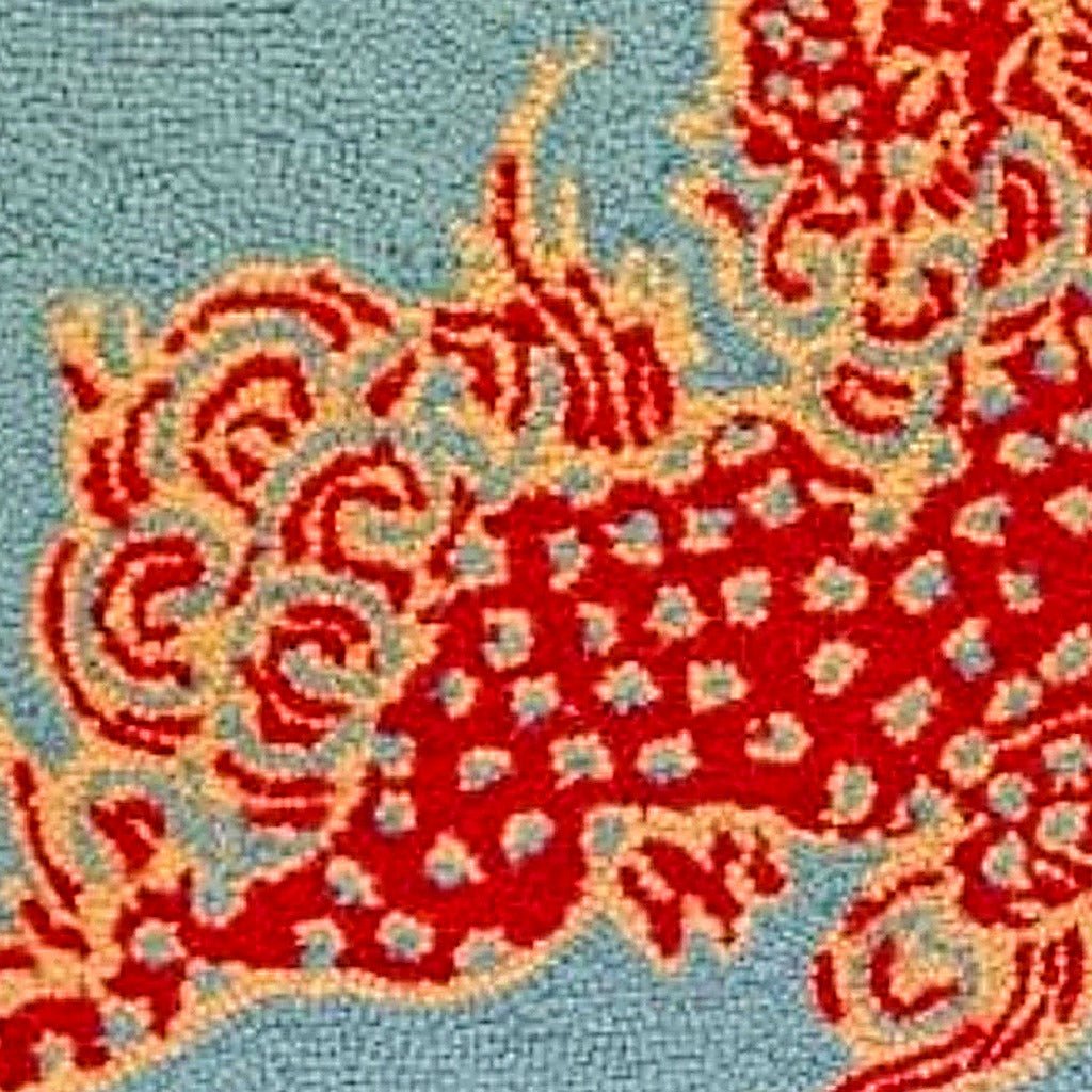 Beige Dunmore Dragons Collection Hooked pillow fabric closeup showing hand-embroidered needlepoint wool texture and color detail