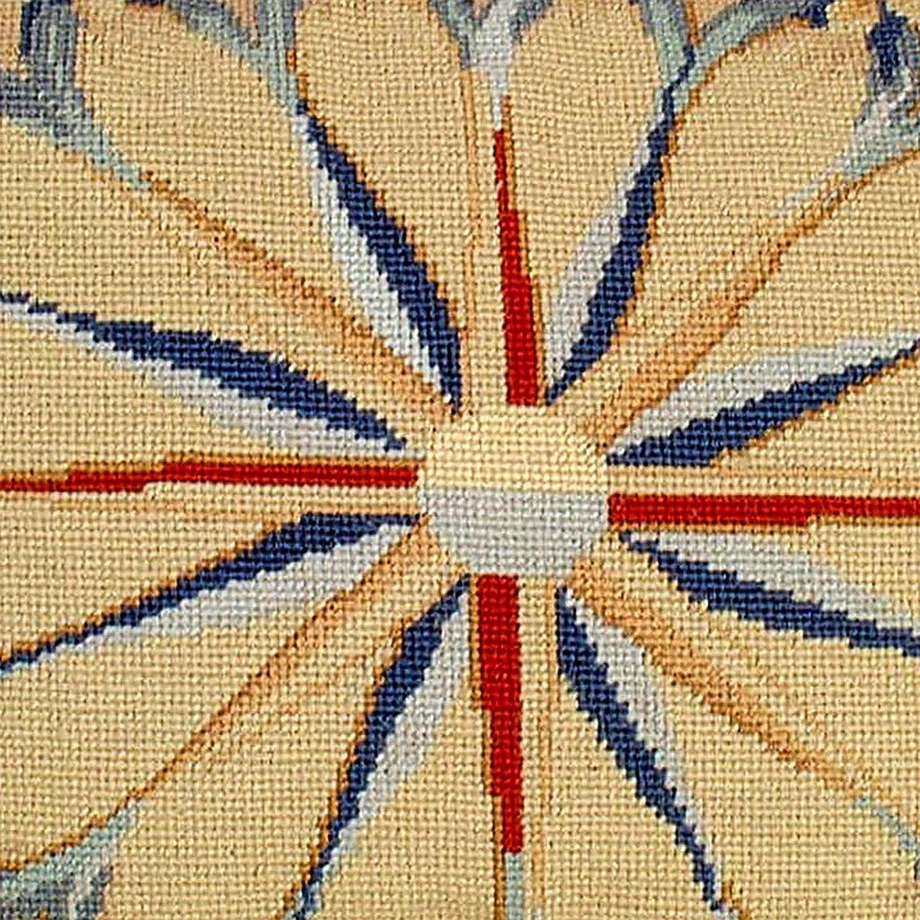 Besserbian Circular Medallion pillow fabric closeup showing hand-embroidered needlepoint wool texture and color detail