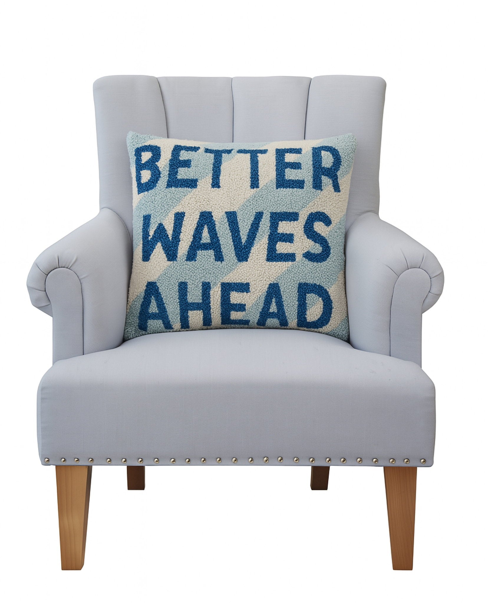 Better Waves Ahead Hooked Wool Throw Pillow on an armchair, showing the throw pillow at room scale, 16x16 inch