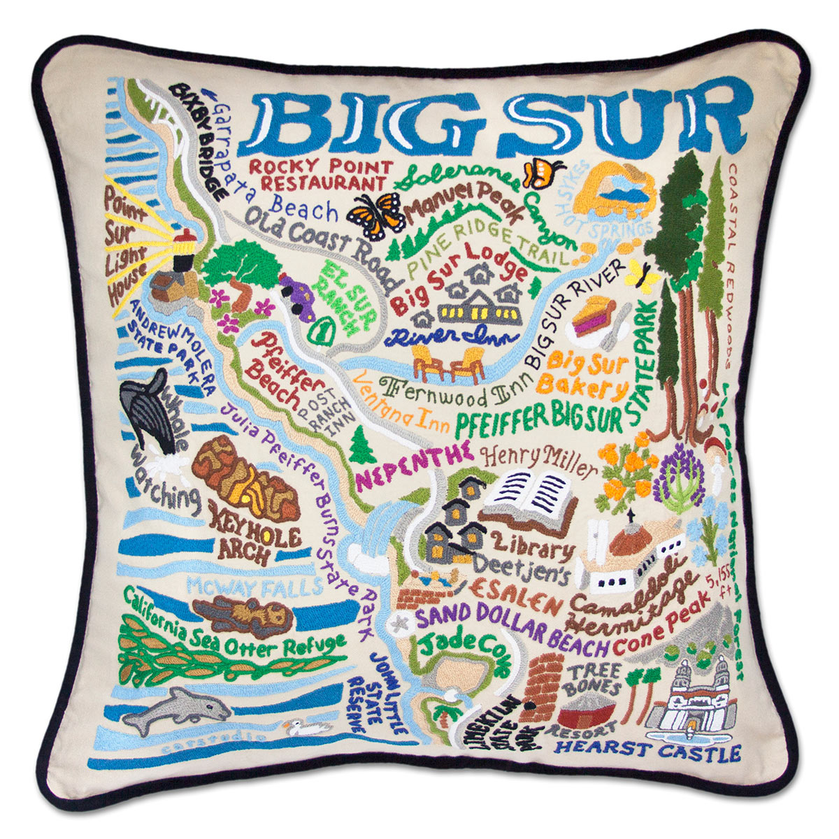 Big Sur Cali Coastal Cliffs embroidered throw pillow with coastal cliffs.