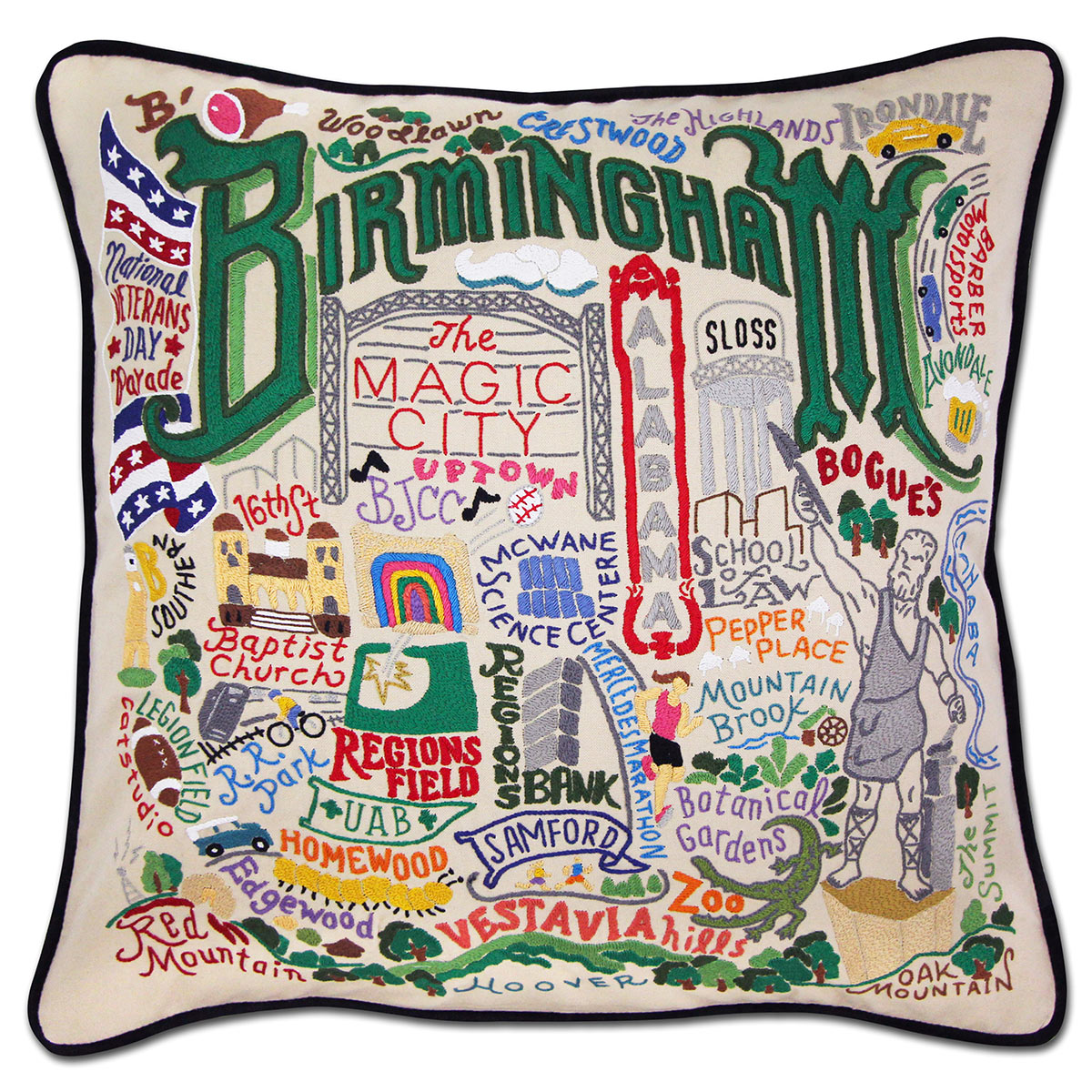 Birmingham, AL Iron City embroidered throw pillow with industrial theme.