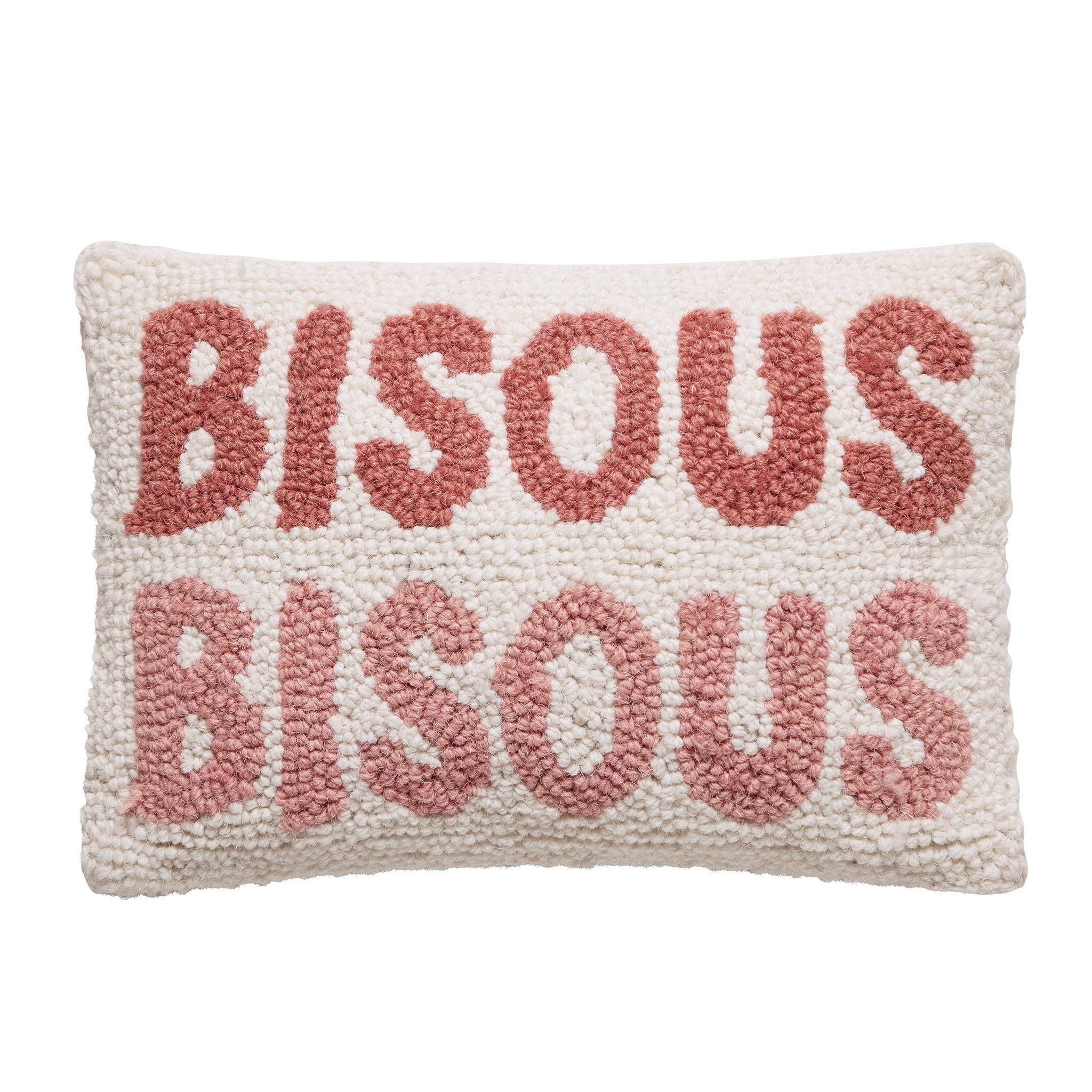 Bisous Bisous Hooked Wool Throw Pillow, 8x12 inch, front view