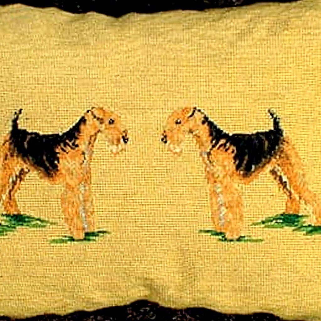 Hand-stitched wool detail of Black Airedale Dogs Decorative Dog Lover needlepoint pillow showing intricate weave pattern and texture