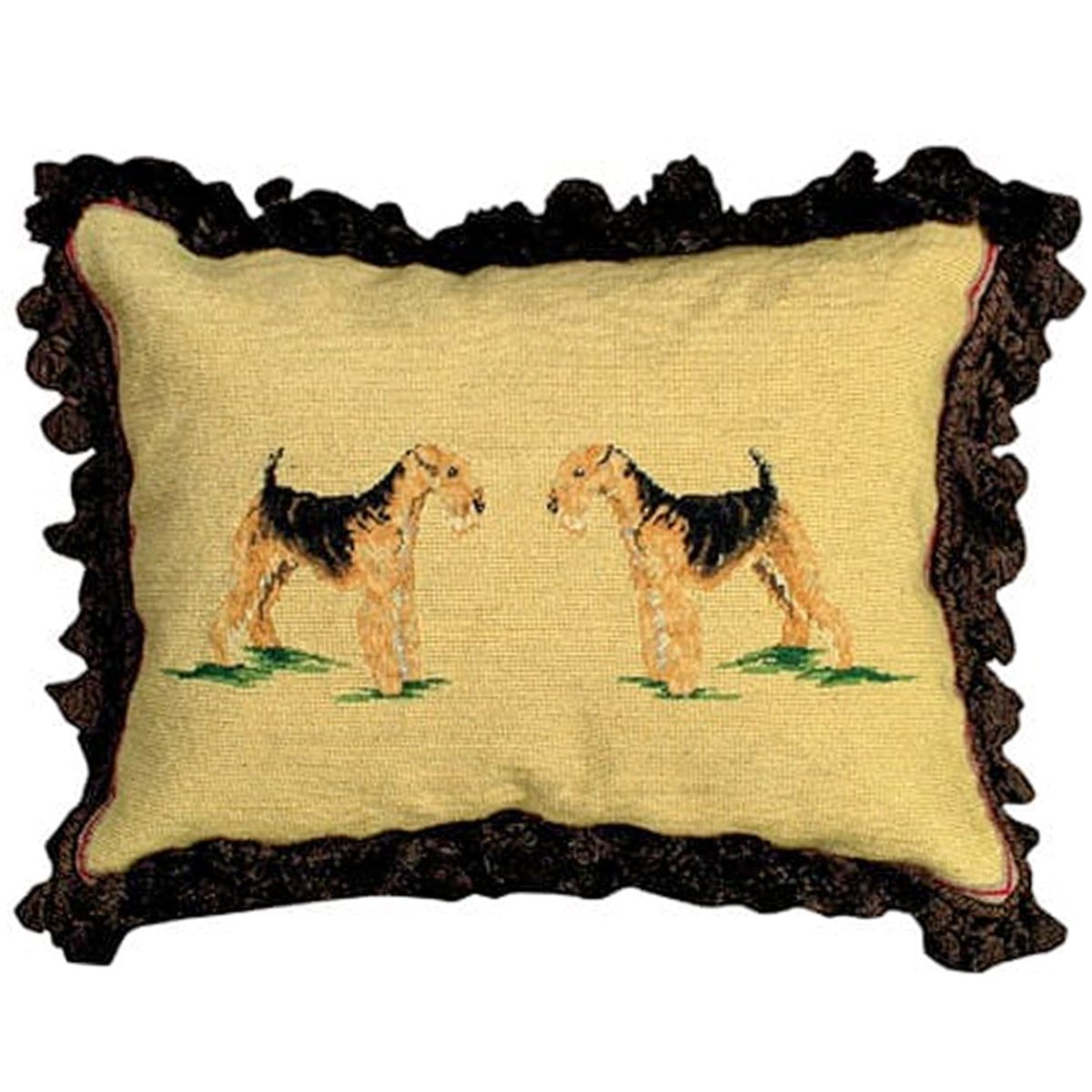 Black Airedale Dogs Deecorative needlepoint throw pillow with detailed dog portrait design