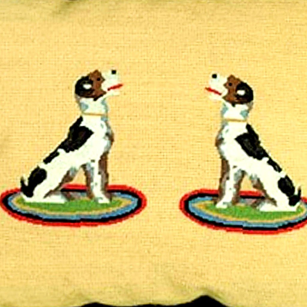 Black Hound Dogs Vintage Dog Lover pillow fabric closeup showing hand-embroidered needlepoint wool texture and color detail