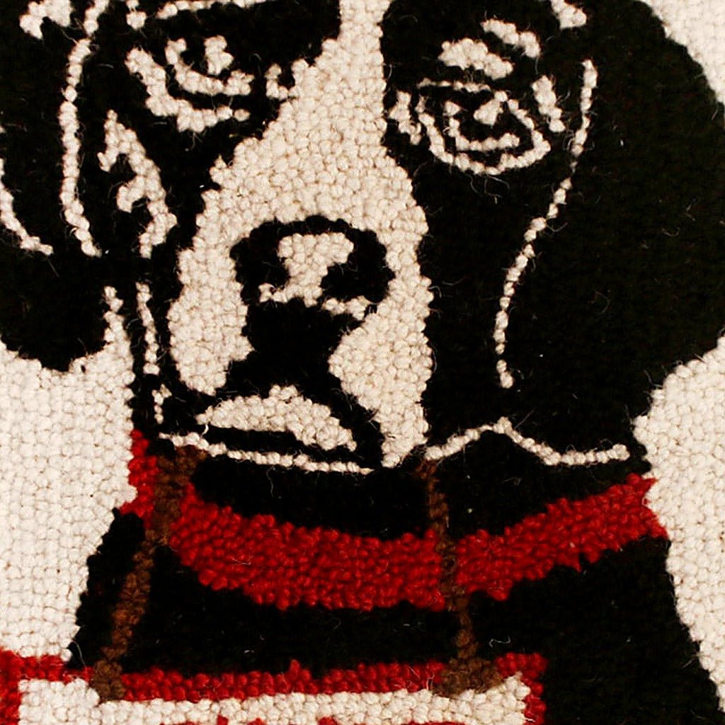 Hand-stitched wool detail of Black Lab Rover Dog Lover Wool Hooked needlepoint pillow showing intricate weave pattern and texture