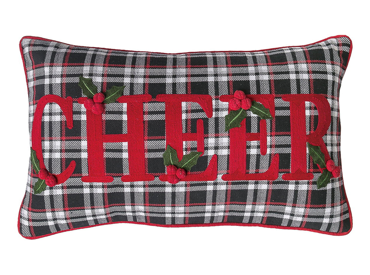 Black Plaid Cheer Embroidered Christmas Throw Pillow, 12x20 inch, front view