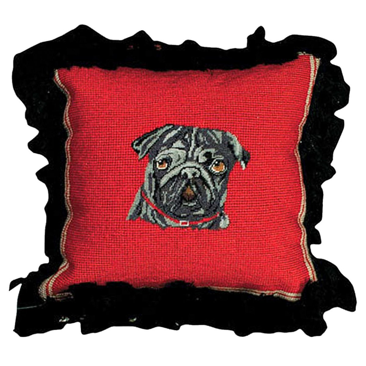 Black Pug needlepoint throw pillow with detailed dog portrait design