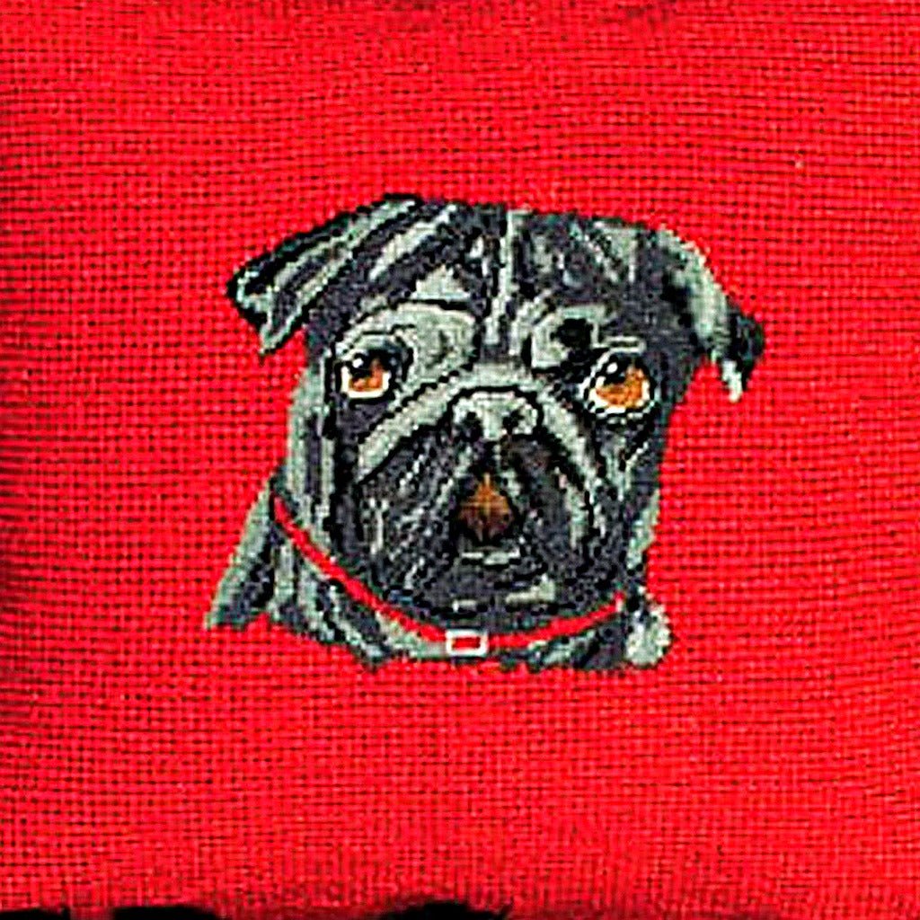 Closeup of Black Pug Dog Lover needlepoint throw pillow highlighting hand-stitched wool craftsmanship and fabric detail