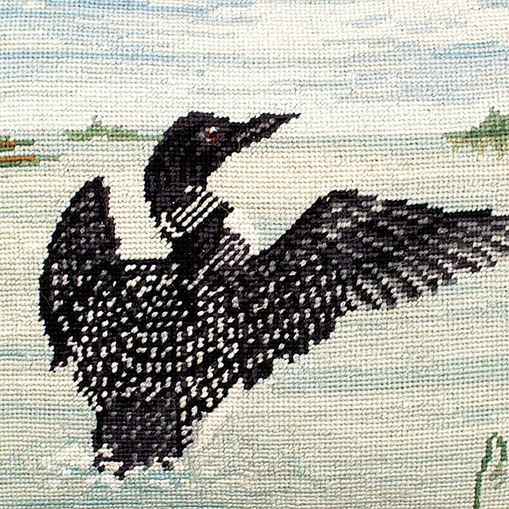 Black White Loon Rustic Lodge pillow fabric closeup showing hand-embroidered needlepoint wool texture and color detail