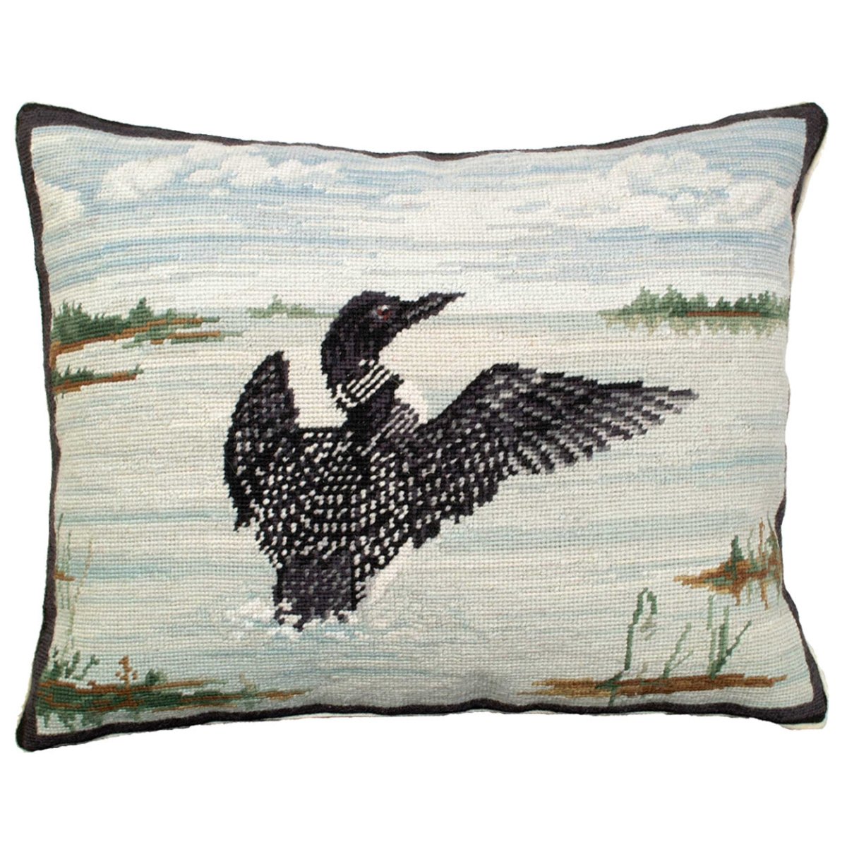 Black White Loon needlepoint throw pillow with rustic lodge-style design