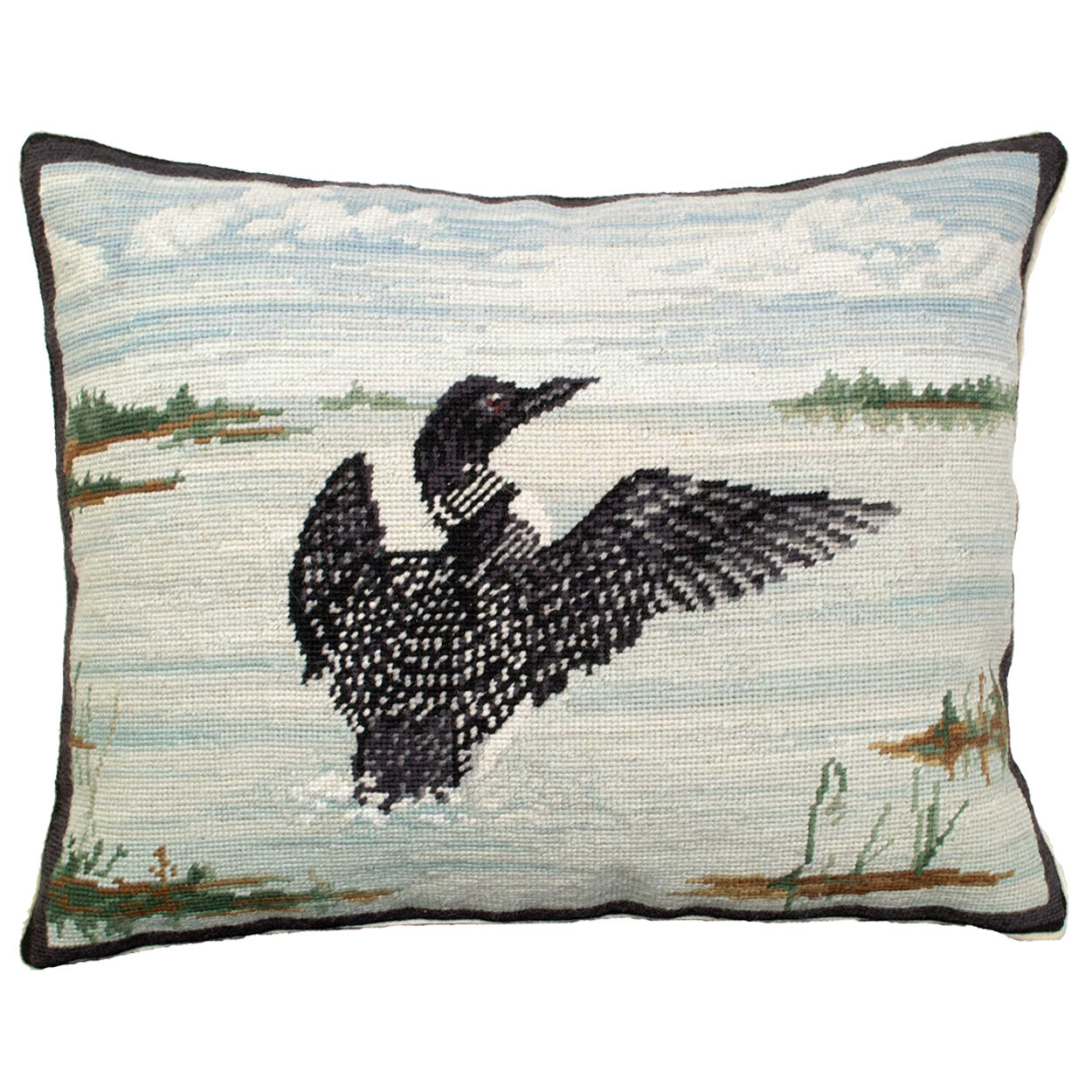 Black White Loon needlepoint throw pillow with rustic lodge-style design