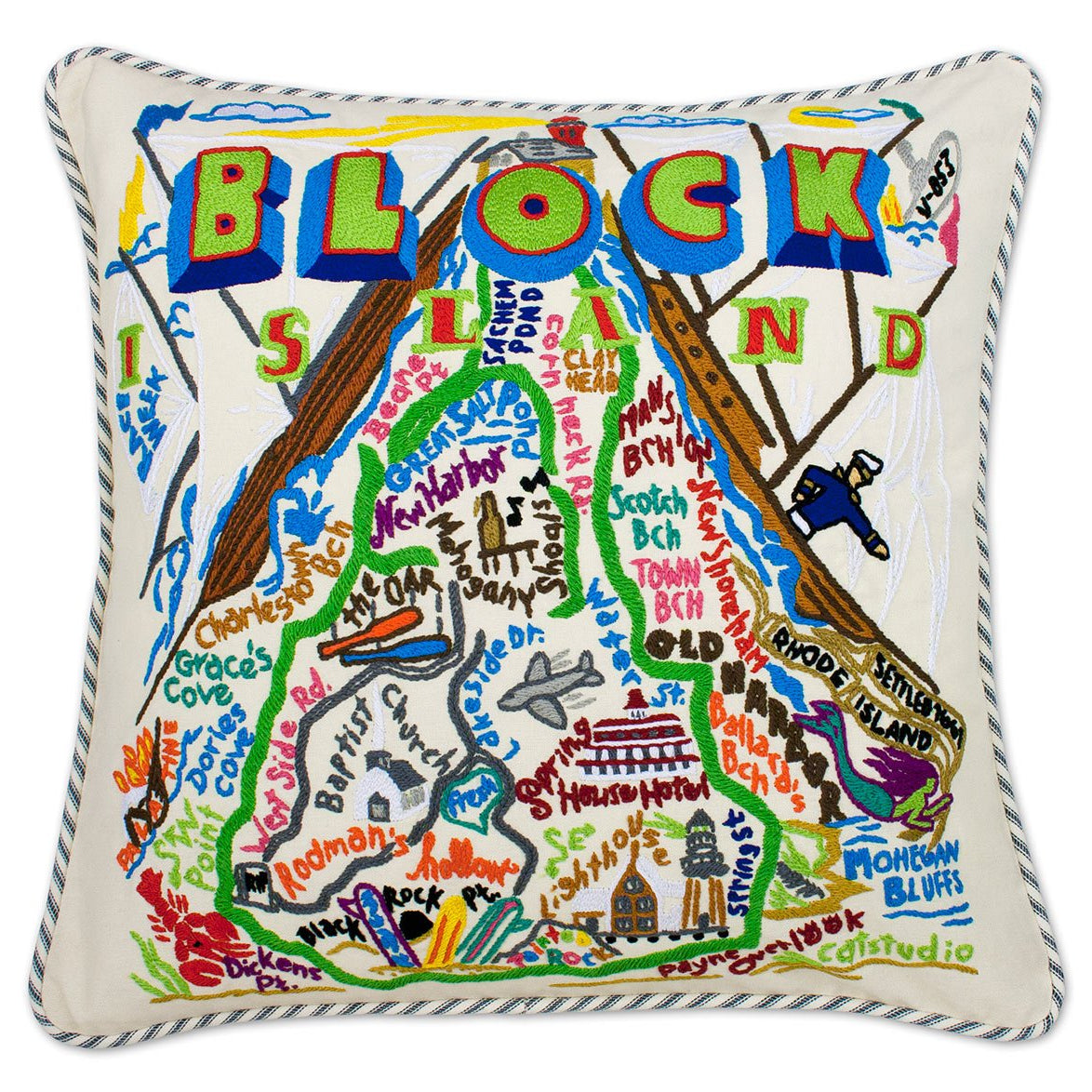 Block Island hand-embroidered throw pillow with nautical coastal motifs