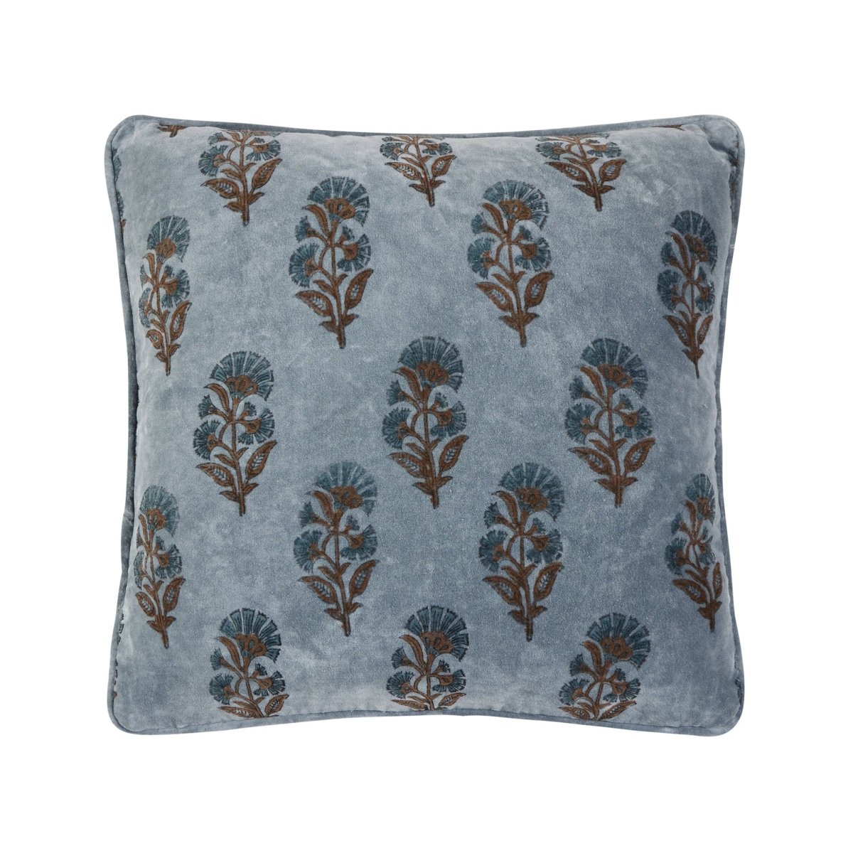 Block Print Velvet Mughal Flower Throw Pillow, 20x20 inch, front view