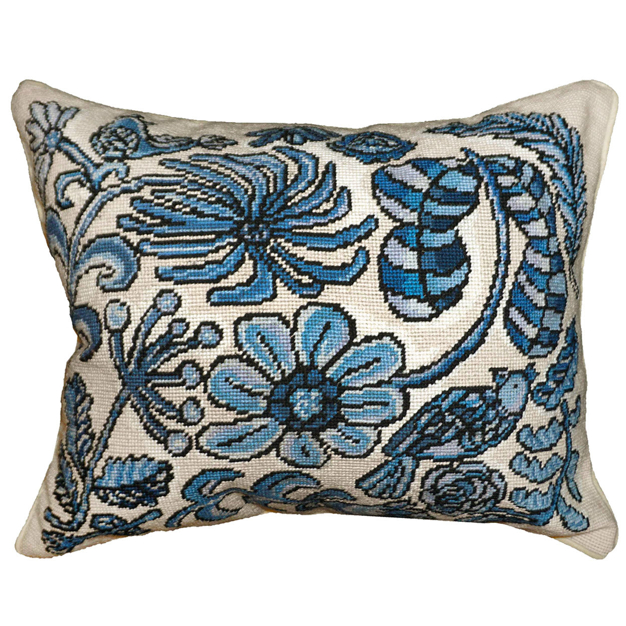 Bloomer Morning Gilhooly Delft needlepoint throw pillow with botanical floral design