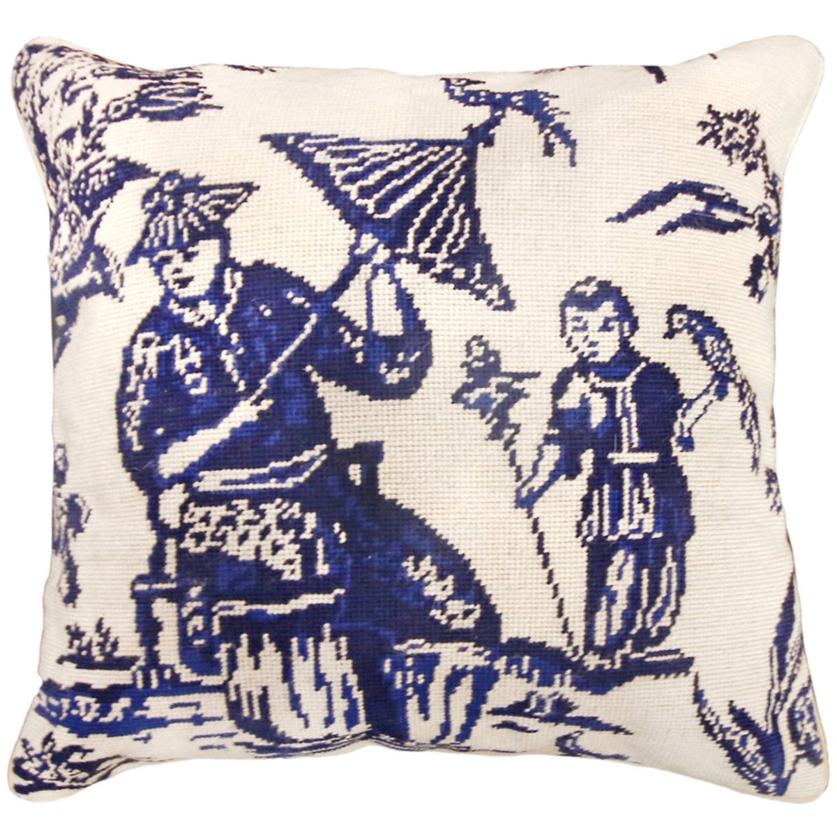 Blue Boy Bird Chinoiserie needlepoint throw pillow with detailed bird portrait