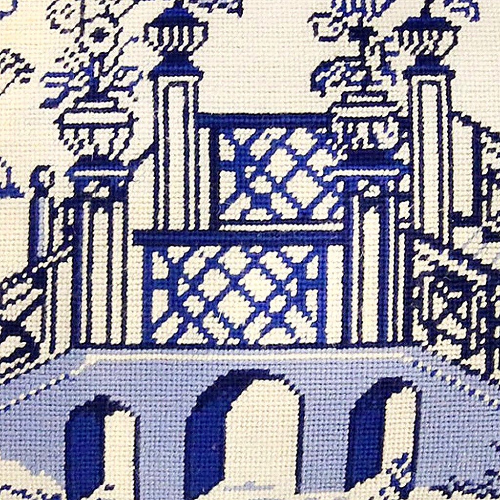 Blue Bridge Chinoiserie Chic pillow fabric closeup showing hand-embroidered needlepoint wool texture and color detail