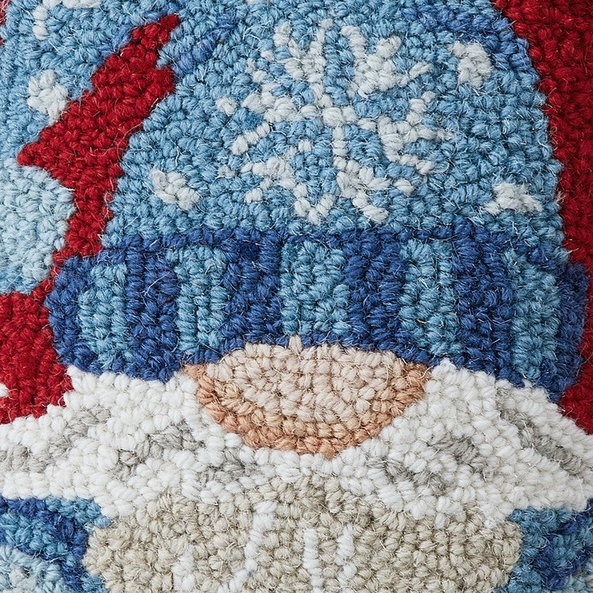 Blue Gnome Hooked Wool Christmas Throw Pillow, close-up detail