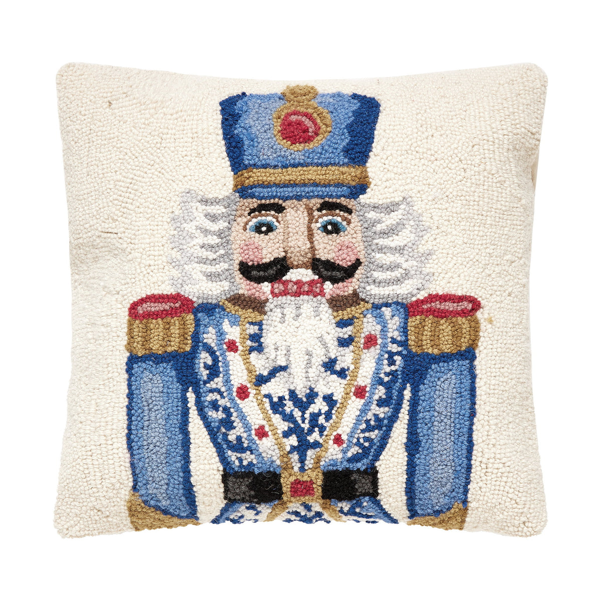 Blue Gold Chinoiserie Nutcracker Hooked Wool Christmas Throw Pillow, 18x18 inch, front view