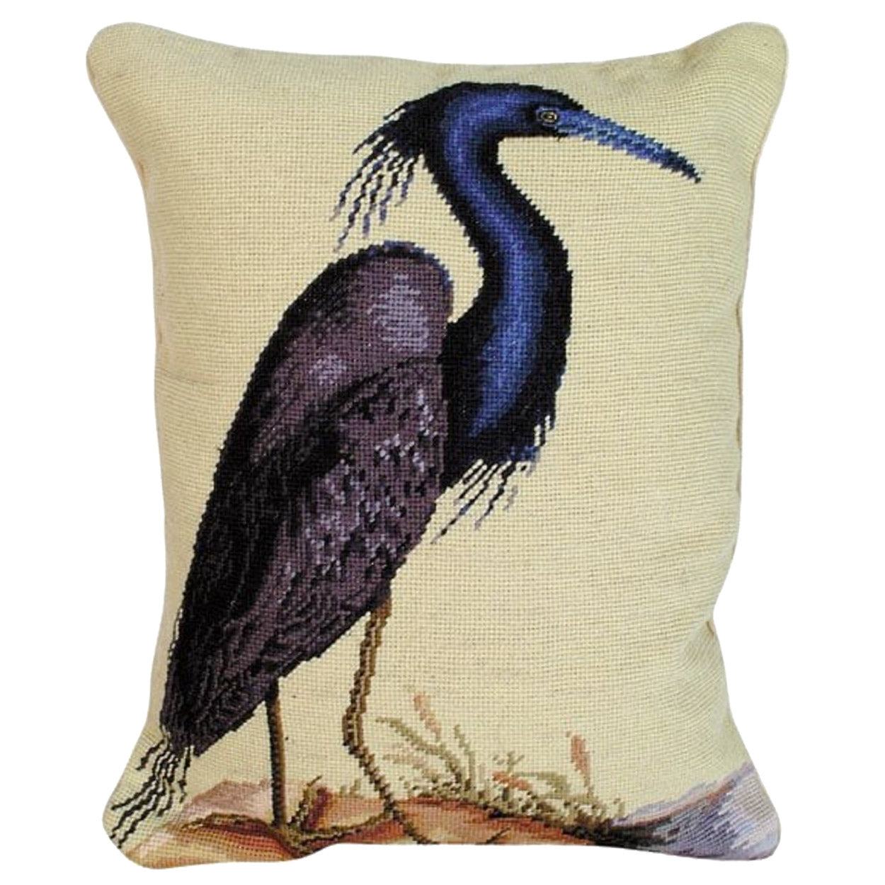 Blue Heron Audubon Bird needlepoint throw pillow with detailed bird portrait