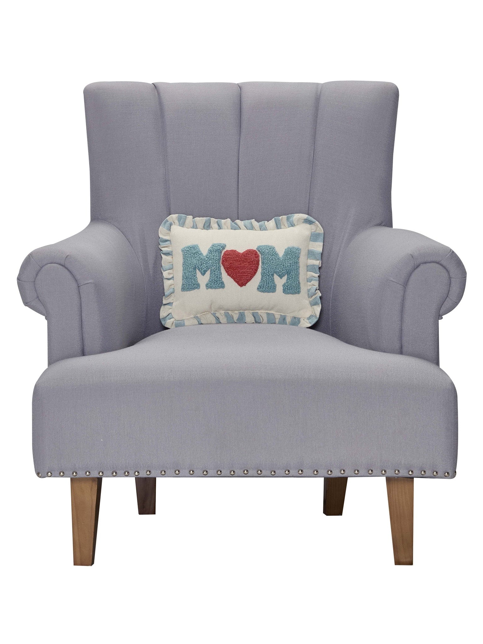 Blue Mom Hooked Throw Pillow on an armchair, showing the throw pillow at room scale, 8x12 inch