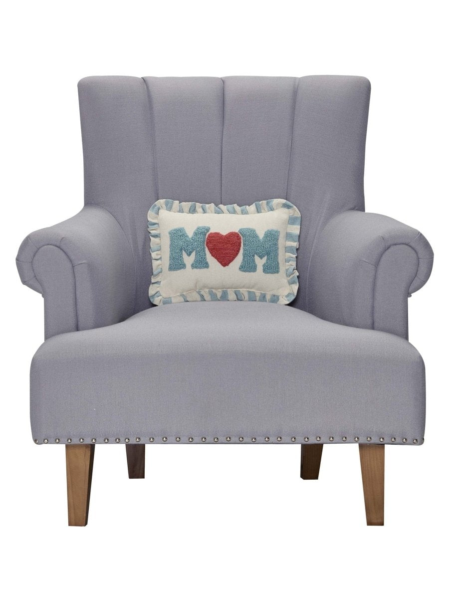 Blue Mom Hooked Throw Pillow on an armchair, showing the throw pillow at room scale, 8x12 inch