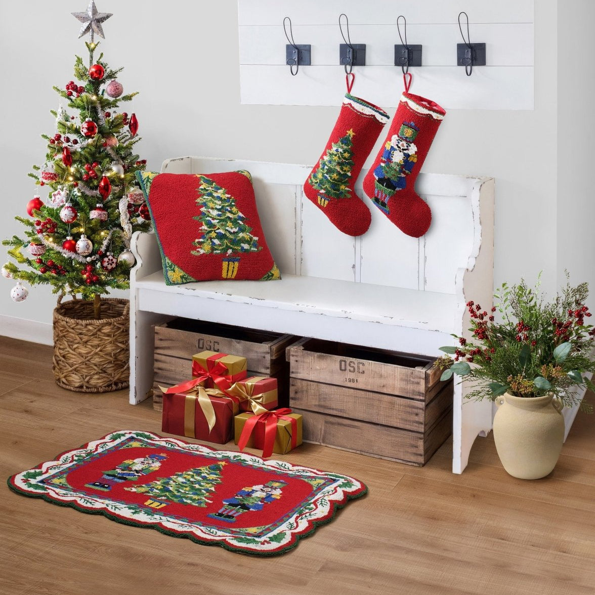 Blue Nutcracker Hooked Wool Christmas Stocking shown alongside other designs in the same collection, 12x20 inch