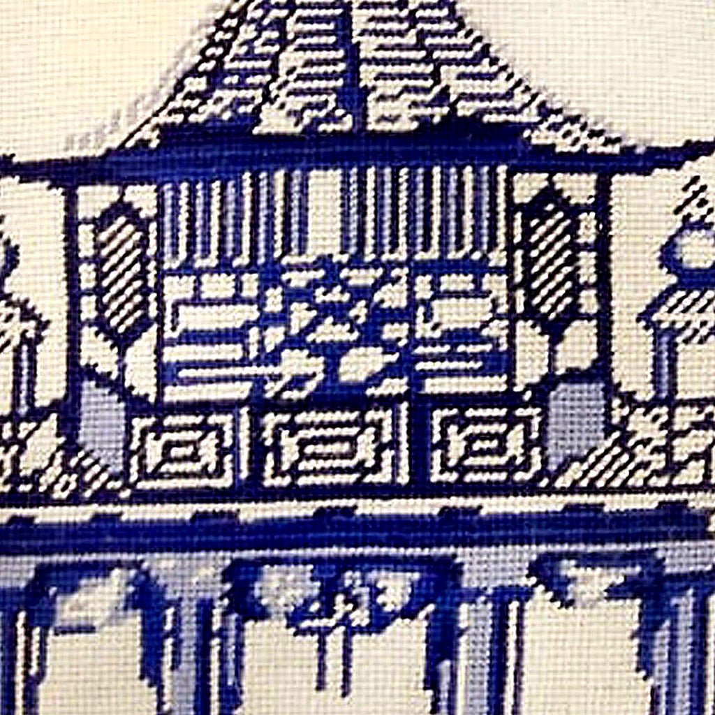 Blue Pagoda Chinoiserie Chic pillow fabric closeup showing hand-embroidered needlepoint wool texture and color detail
