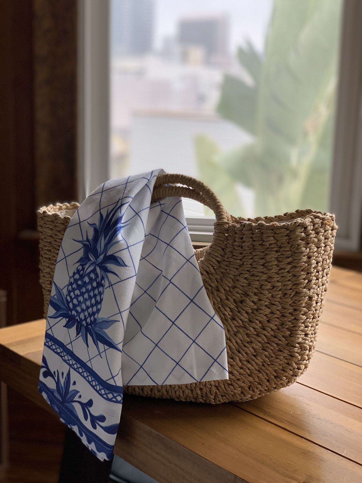 Blue Pineapple All Over Kitchen Towel, 18x25 inch, close view of the printed pineapple repeat