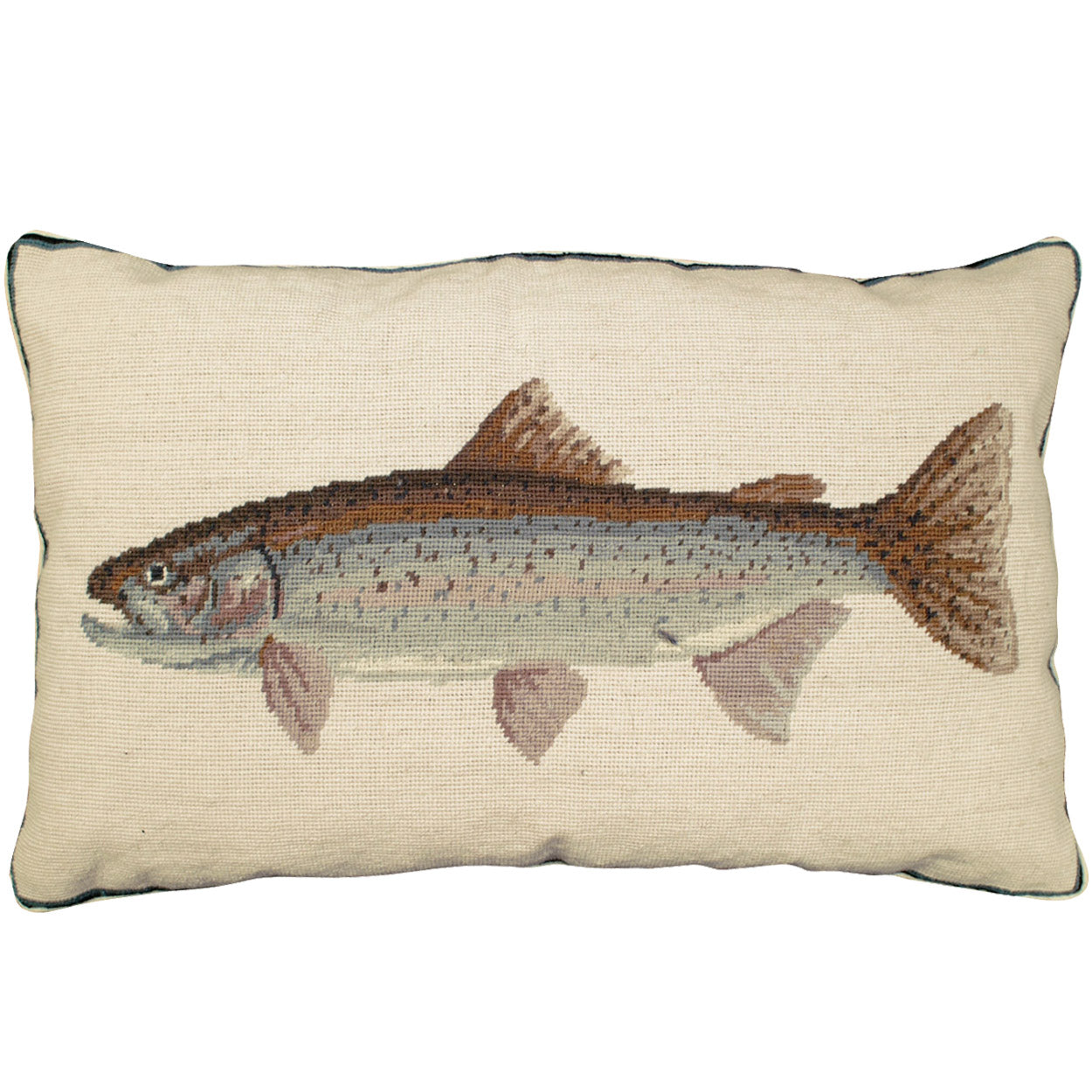 Blue Rainbow Trout Fish needlepoint throw pillow with rustic nature wildlife lodge design