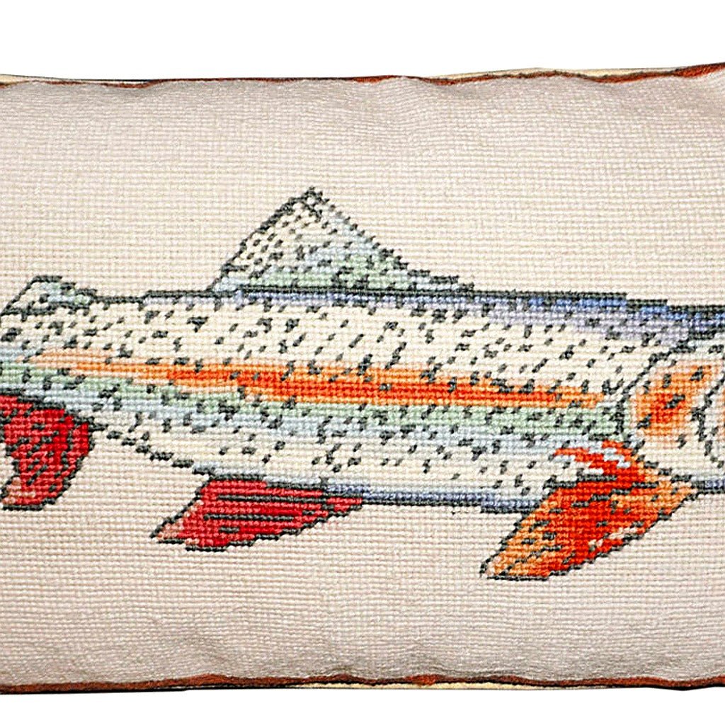 Hand-stitched wool detail of Blue Rainbow Trout Wildlife Lodge needlepoint pillow showing intricate weave pattern and texture