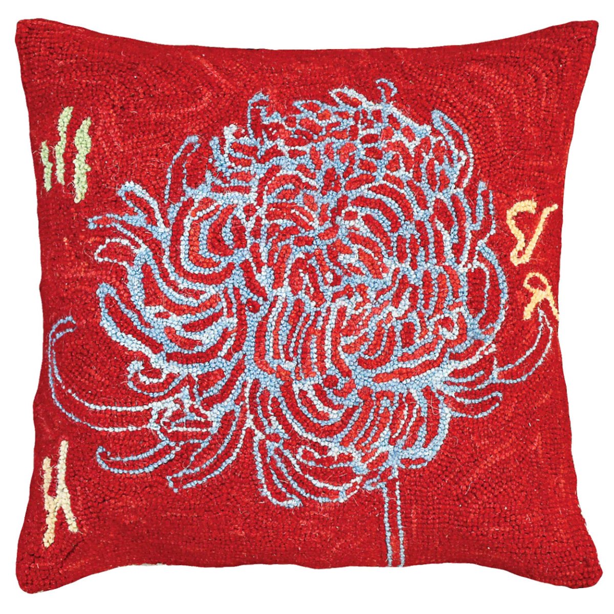 Blue Red Abstract hooked wool throw pillow with botanical floral design