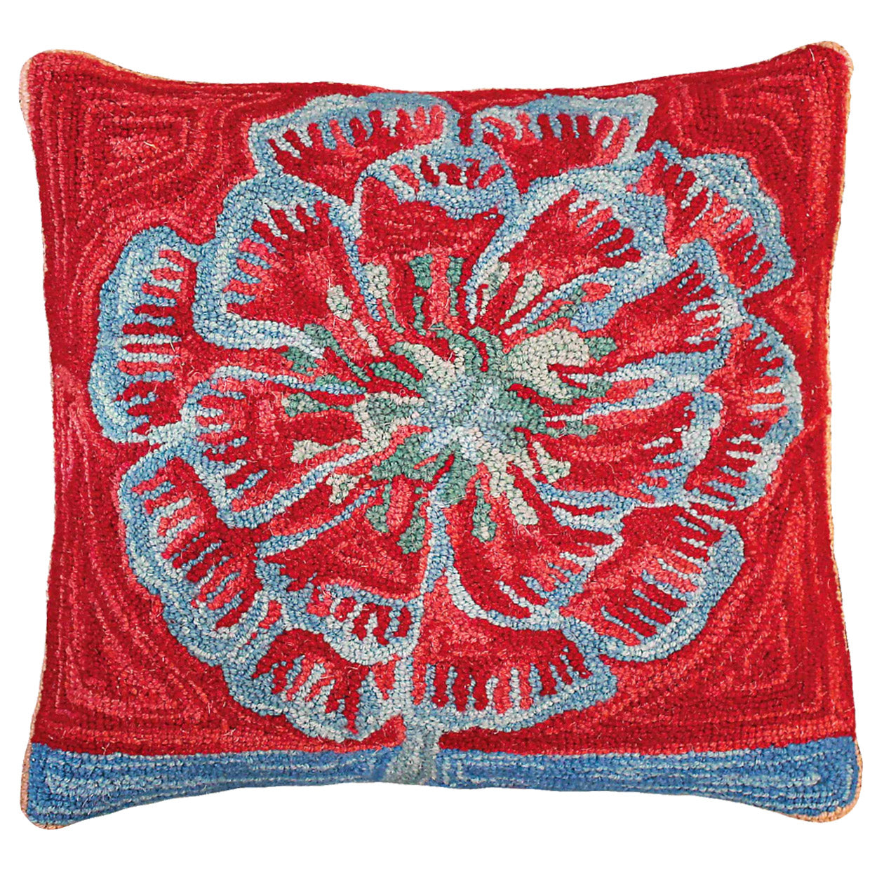Blue Red Abstract Flower hooked wool throw pillow with botanical floral design