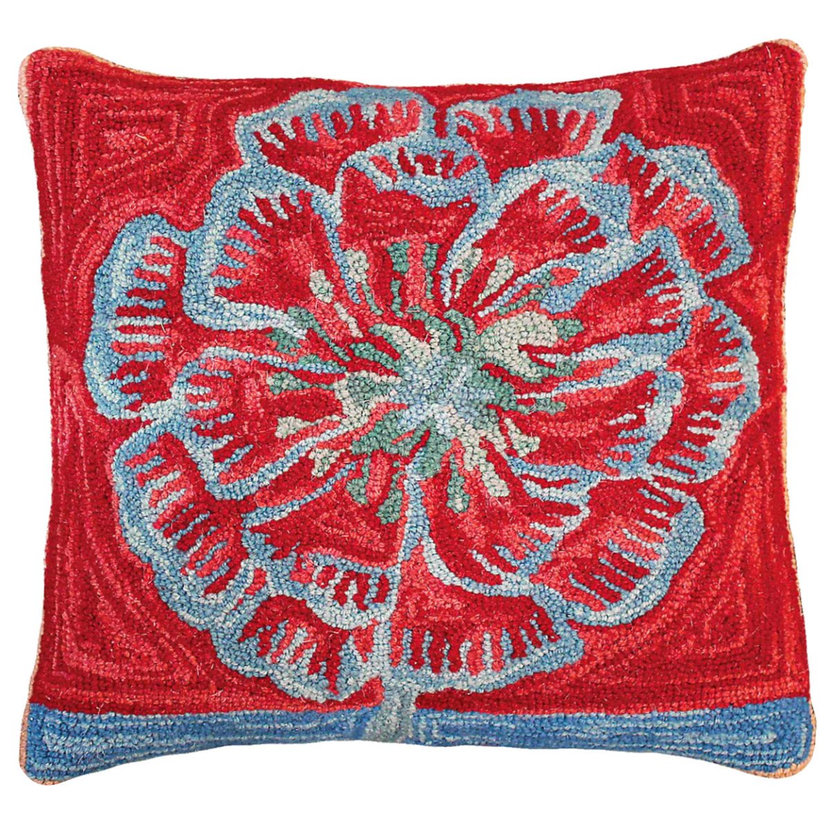 Blue Red Abstract Flower hooked wool throw pillow with botanical floral design