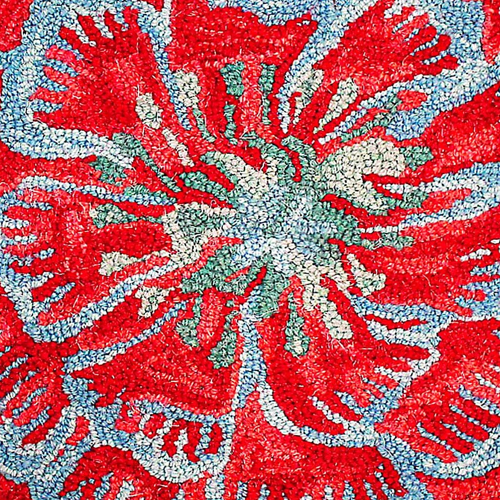 Blue Red Abstract Flower Wool Hooked pillow fabric closeup showing hand-embroidered needlepoint wool texture and color detail