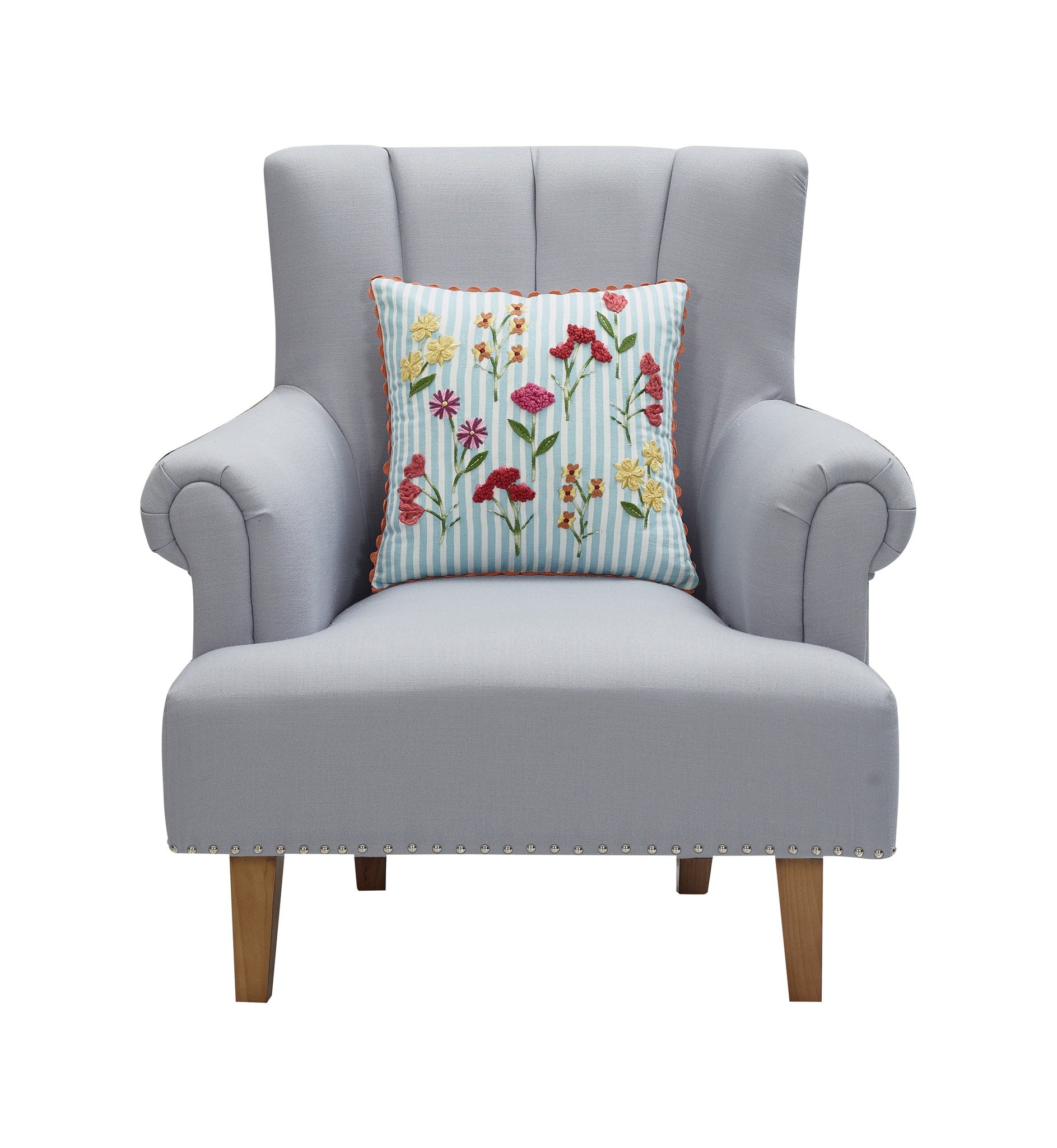 Blue Stripe Floral Embroidered Throw Pillow on an armchair, showing the throw pillow at room scale, 16x16 inch