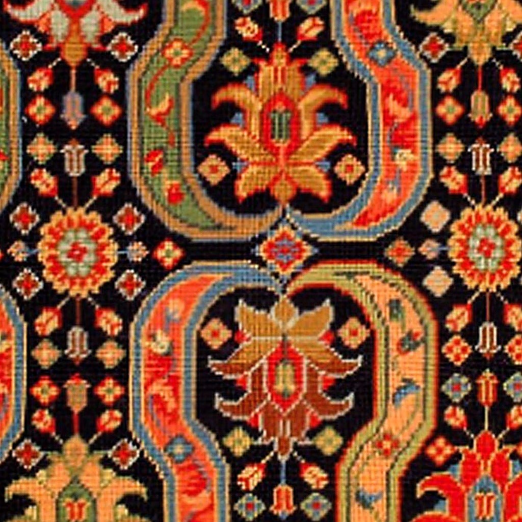 Blue Turkish Afshar Abstract pillow fabric closeup showing hand-embroidered needlepoint wool texture and color detail