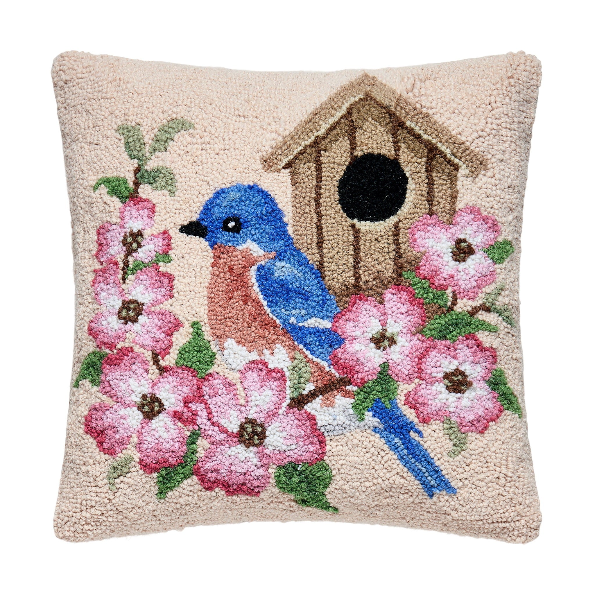 Bluebird Birdhouse Hooked Wool Throw Pillow, 16x16 inch, front view