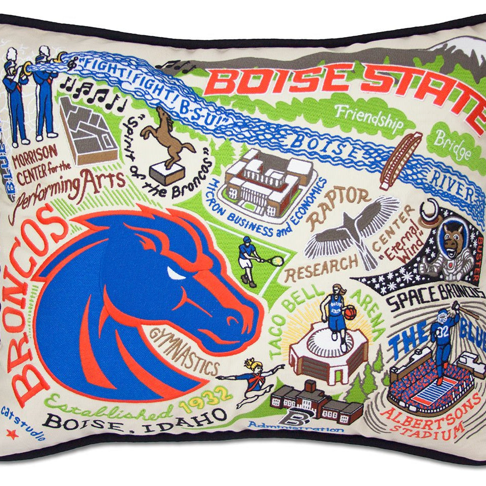 Boise State University Broncos hand-embroidered throw pillow featuring school colors and mascot imagery