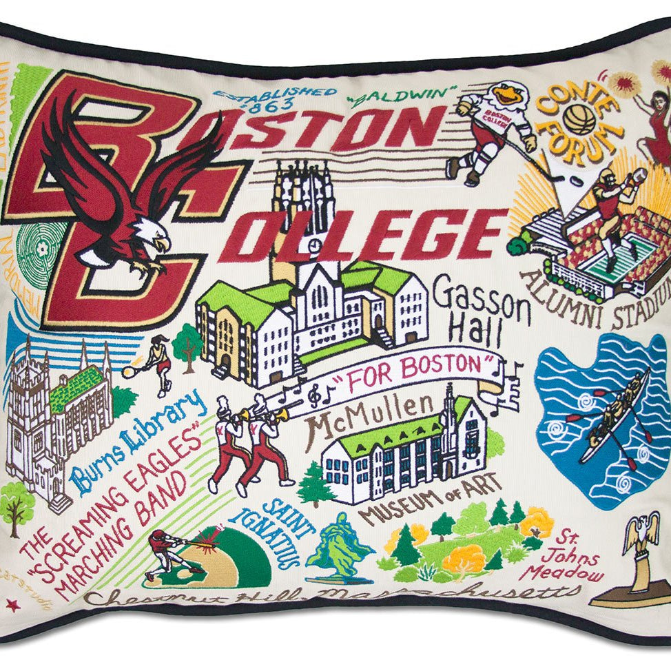 Boston Eagles hand-embroidered throw pillow featuring school colors and mascot imagery
