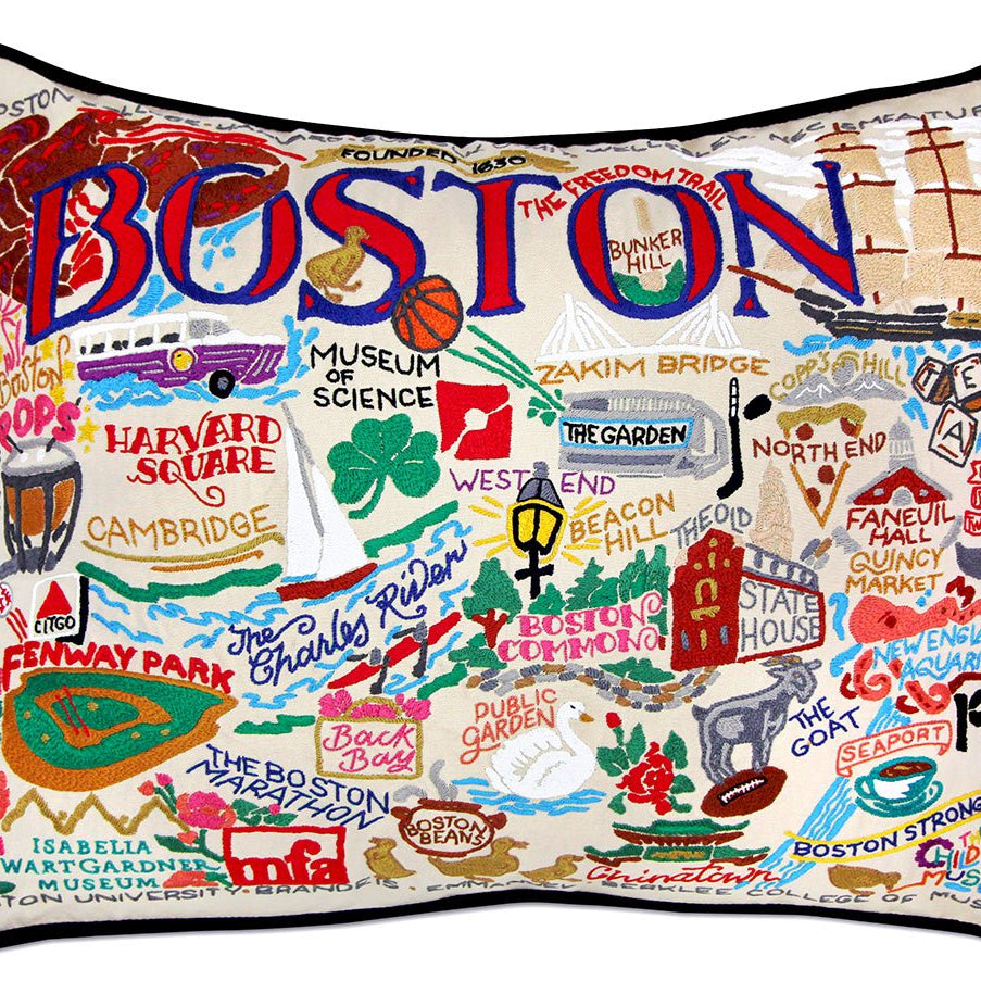 Boston hand-embroidered throw pillow with artisan decorative design