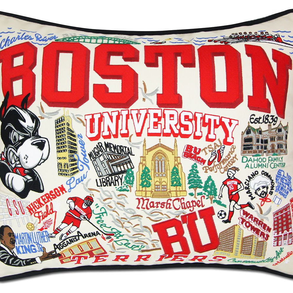 Boston University Terriers hand-embroidered throw pillow featuring school colors and mascot imagery