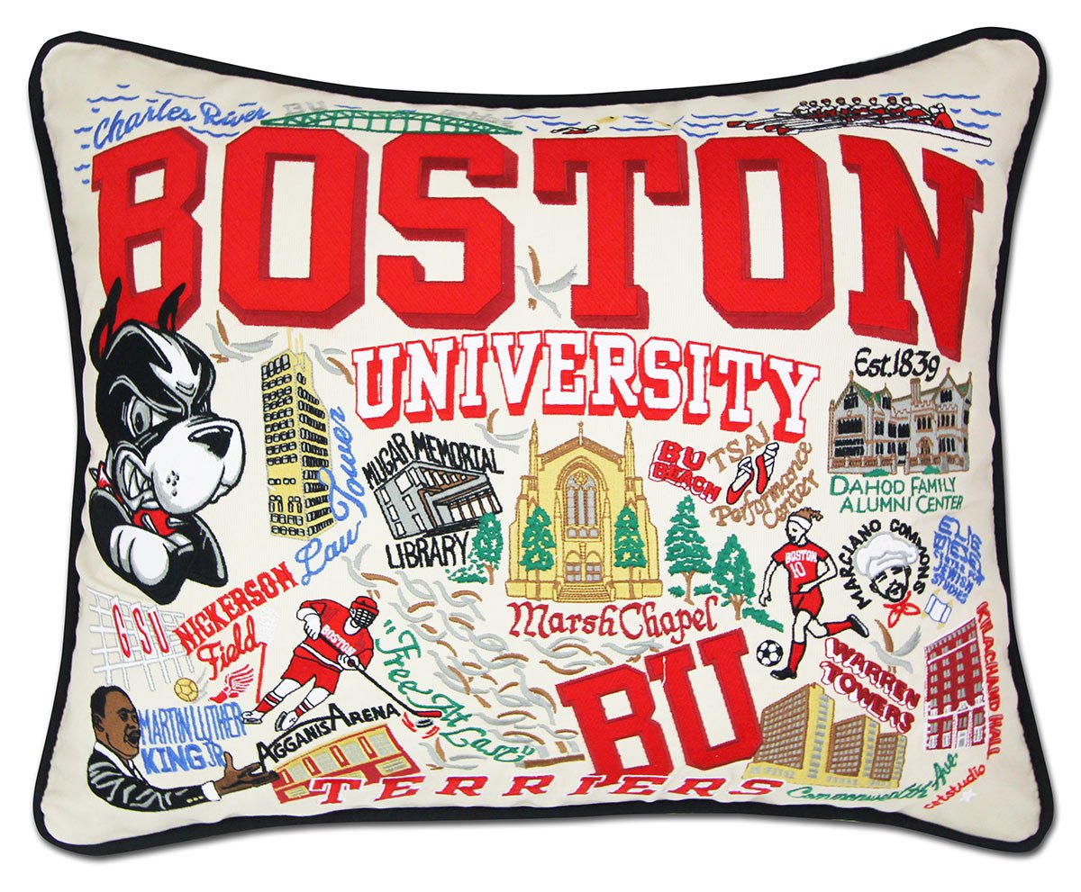 Boston University Terriers hand-embroidered throw pillow featuring school colors and mascot imagery