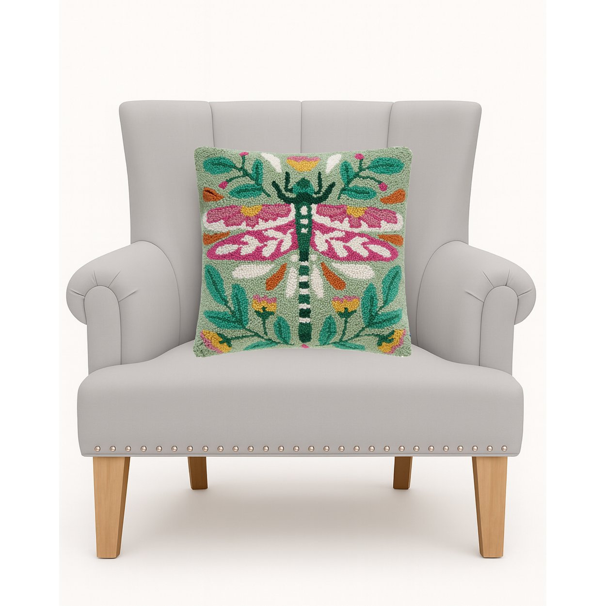Folk Dragonfly Botanical Wool Hooked Throw Pillow, styled lifestyle view
