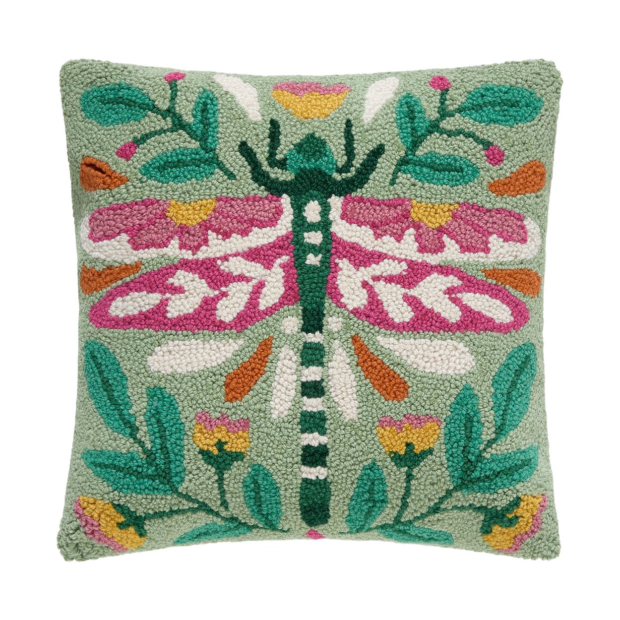 Folk Dragonfly Botanical Wool Hooked Throw Pillow, 16x16 inch, front view